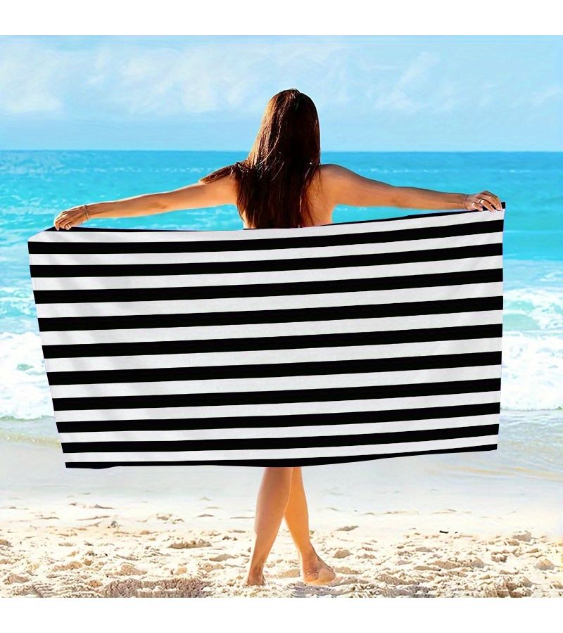 One Oversized Bath And Beach Towel 70x140cm With Black White Vertical Stripes Soft Quick Drying Large For Pool Travel Home Modern Minimalist Contemporary Style - Image 3