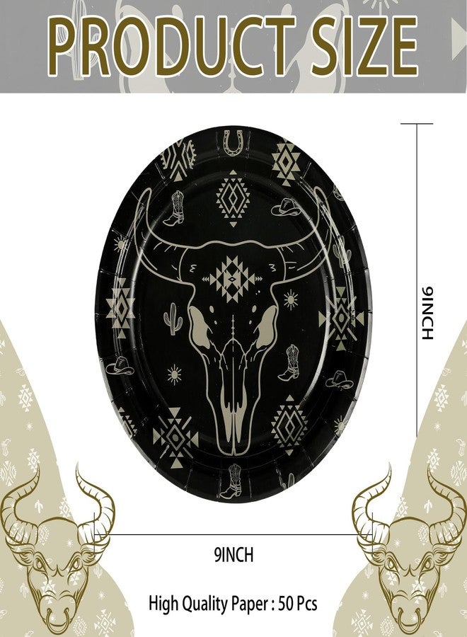 Grencian 50Pcs Bull Skull Decorations 9in Heavy Duty Disposable Western Cow Skull Desert Paper Plates For Western Southwestern Cowboy Party Supplies - Image 2