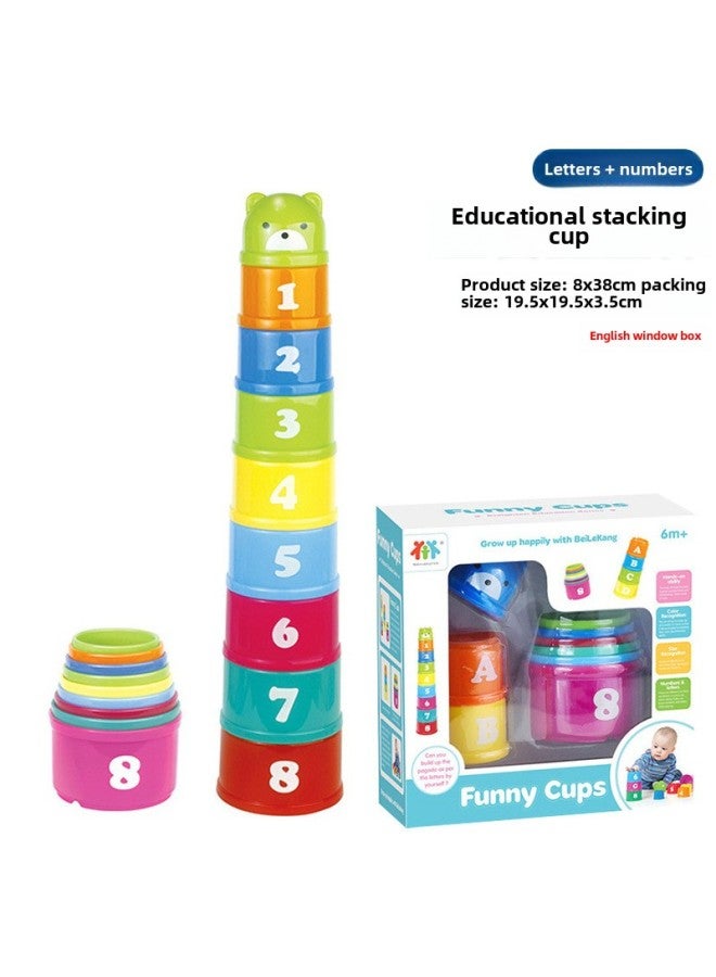 Infants Can Bite Soft Rubber Hand-held Ball Rattle Toys To Learn The Rainbow Plug Plug Plug Pull Pull Pull Baby Toys-Color:Puzzle Stacking Cups-English Window Box 378g - Image 1