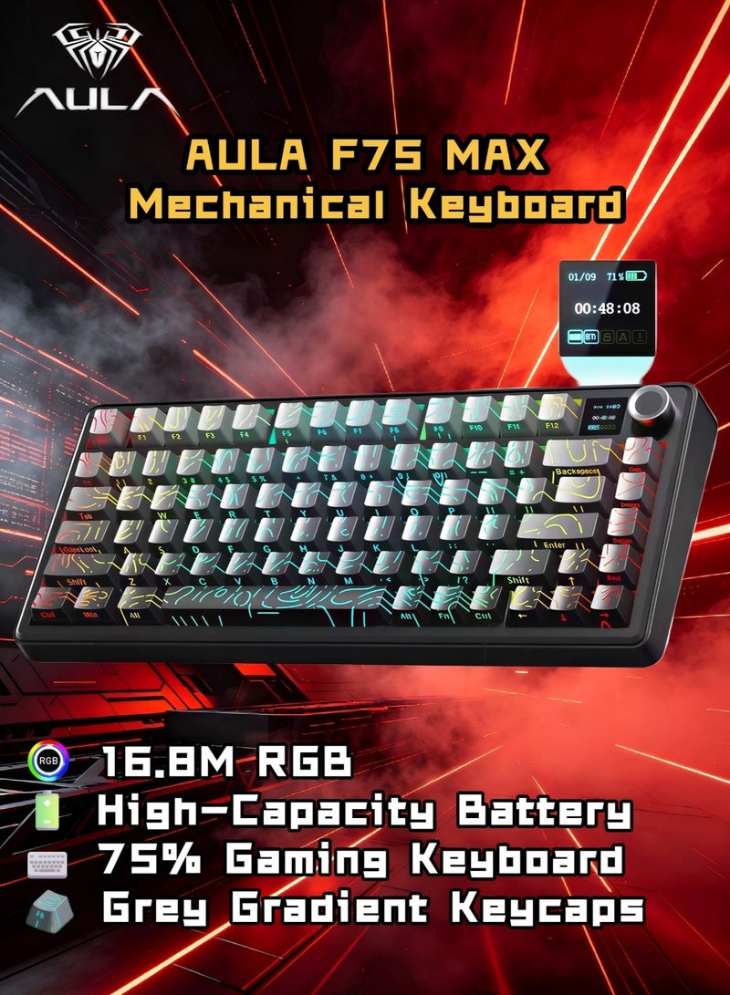 AULA F75 MAX Wireless Mechanical Gaming Keyboard W/Smart Display & Knob,75% Hot Swappable Custom Keyboard, RGB Backlit,Pre-lubed Linear Switches,Side Printed PBT Topographic Keycaps(Gradient Grey) - Image 1