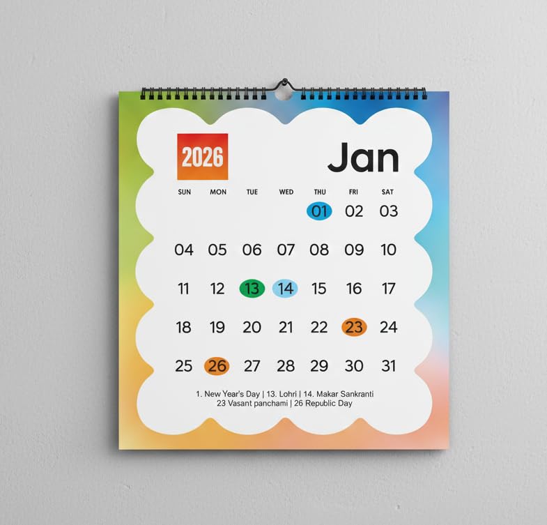 AccuPrints 2026 Monthly Wall Calendar, 12x12 Inch, Spiral Bound, Indian Holidays, Colorful Gradient Design - Image 1