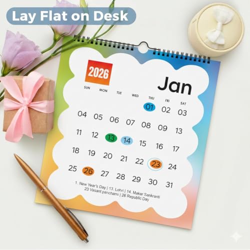 AccuPrints 2026 Monthly Wall Calendar, 12x12 Inch, Spiral Bound, Indian Holidays, Colorful Gradient Design - Image 3