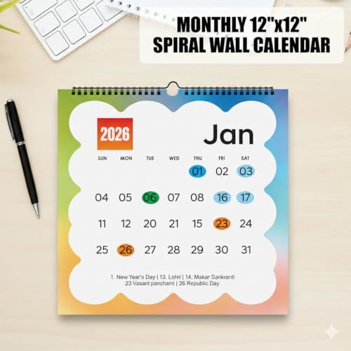 AccuPrints 2026 Monthly Wall Calendar, 12x12 Inch, Spiral Bound, Indian Holidays, Colorful Gradient Design - Image 2