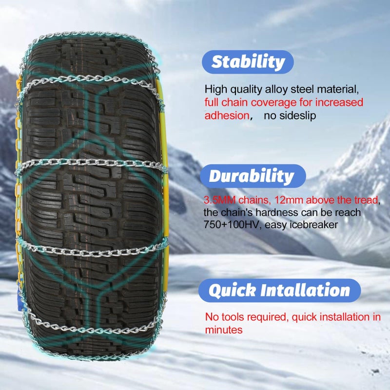 taseyok Auto Fixing Snow Chains, 2 x 12 mm, 30s Quick Installation of Tire Chains with Automatic Tensioner, Universal Emergency Tire Traction Chain for Cars, Pickups, and SUVs (HLN 100) - Image 4