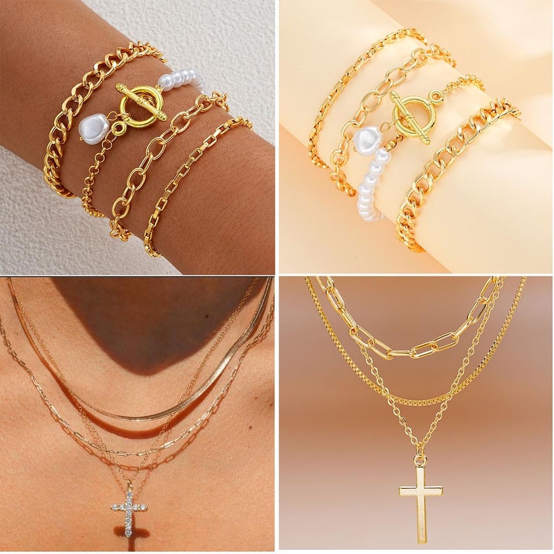 CONGYING 120PCS Gold Jewelry Sets For Women, With 7 Necklace,12 Bracelet,30pcs Hoop Earring,59pcs stud earrings and 12pcs cuff Ear Earrings Friendship for Happy Gifts (120pcs-set) - Image 2