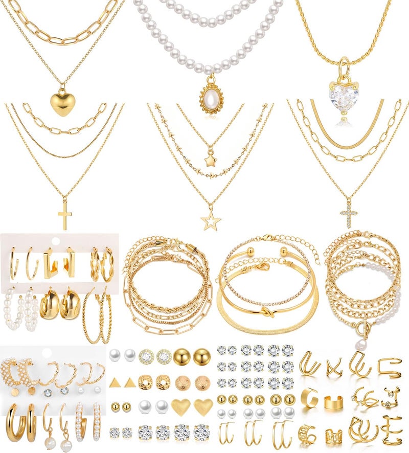 CONGYING 120PCS Gold Jewelry Sets For Women, With 7 Necklace,12 Bracelet,30pcs Hoop Earring,59pcs stud earrings and 12pcs cuff Ear Earrings Friendship for Happy Gifts (120pcs-set) - Image 1