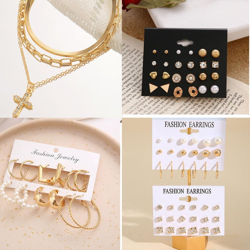 CONGYING 120PCS Gold Jewelry Sets For Women, With 7 Necklace,12 Bracelet,30pcs Hoop Earring,59pcs stud earrings and 12pcs cuff Ear Earrings Friendship for Happy Gifts (120pcs-set) - Image 5