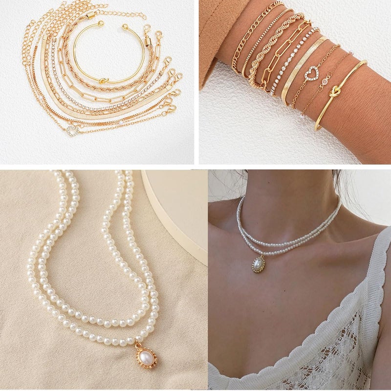 CONGYING 120PCS Gold Jewelry Sets For Women, With 7 Necklace,12 Bracelet,30pcs Hoop Earring,59pcs stud earrings and 12pcs cuff Ear Earrings Friendship for Happy Gifts (120pcs-set) - Image 4