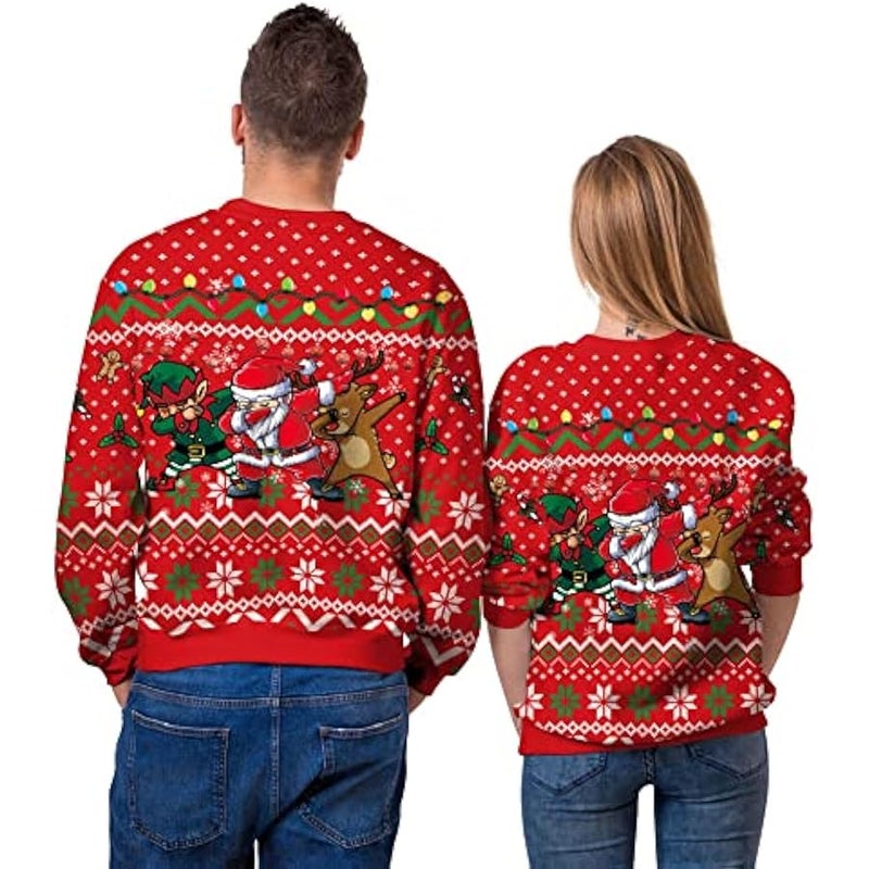 إسكدنيا Festive Holiday Unisex  Sweater, Knit Crewneck Long Sleeve Pullover, Red and Green Nordic Pattern, Dancing Santa and Reindeer Design, Casual Wear - Image 3