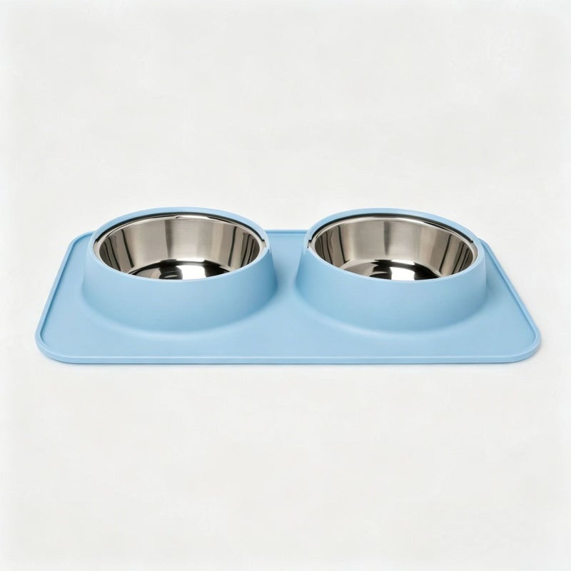Food-grade silicone pet bowl with placemat, double-bowl design, neck-supporting food dish for cats and dogs