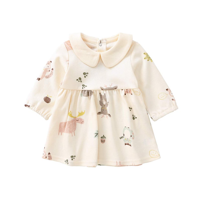 Pureborn Baby Girl Dress Infant Long Sleeve Peter-Pan Collar Spring Fall Cotton Playwear Dresses Beige 6-9 Months - Image 3