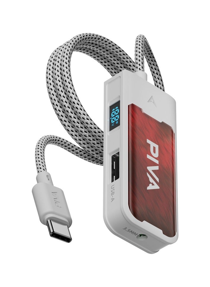 PIVA G41 4-in-1 Type-C Adapter with 60W USB-C Fast Charging, USB 2.0 DAC, 32bit/mi KHz Mbps Data Transfer, and a 3.5mm/Type-C Audio Port with Charging Power Display is compatible with Type-C devices, iPhones with Type-C ports, and iPads. - Image 1