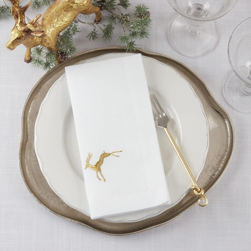 Fennco Styles Holiday Embroidered Gold Reindeer Cloth Napkins 20 W x 20 L Set of 4  White Elegant Dinner Napkins for Christmas Dcor Dining Table Family Gatherings Banquets and Special Events