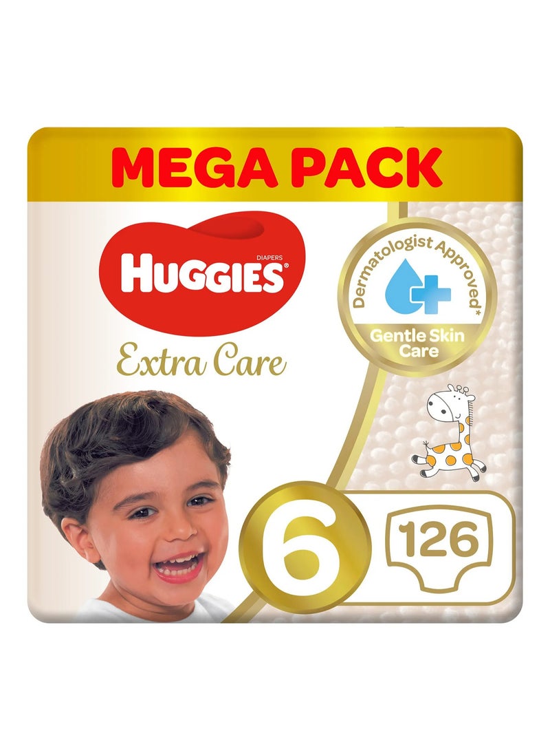 Huggies Extra Care Tape Stye Diapers, 126 Pieces Mega Pack, Size 6, 15kg+ - 12h Protection, Dermatologist Approved, Breathable
