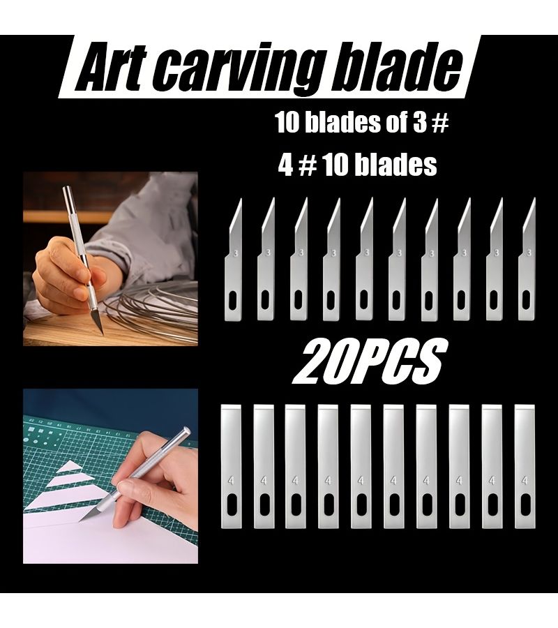 Carbon Steel Art Carving Blade Set 20 Pack Includes 10pcs of 3 Blades and 10pcs of 4 Blades Durable Model 20 - Image 1