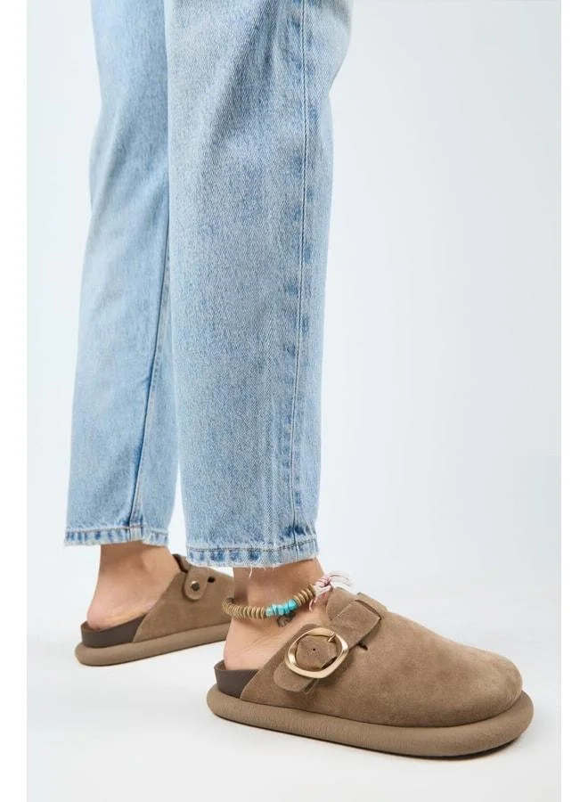 (Asymmetry) Women's Genuine Leather Belted Buckle Slip-On Vizon Slipper.