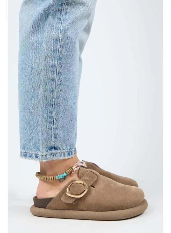 Manijero  (Asymmetry) Women's Genuine Leather Belted Buckle Slip-On Vizon Slipper. for Women | Best Price UAE