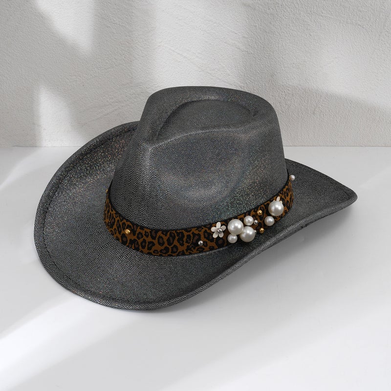 Explosions Women'S Big Brim Men'S Gradient Pearl Accessories Cowboy Hat Topper Hat Leopard Print Party Daily - Image 5