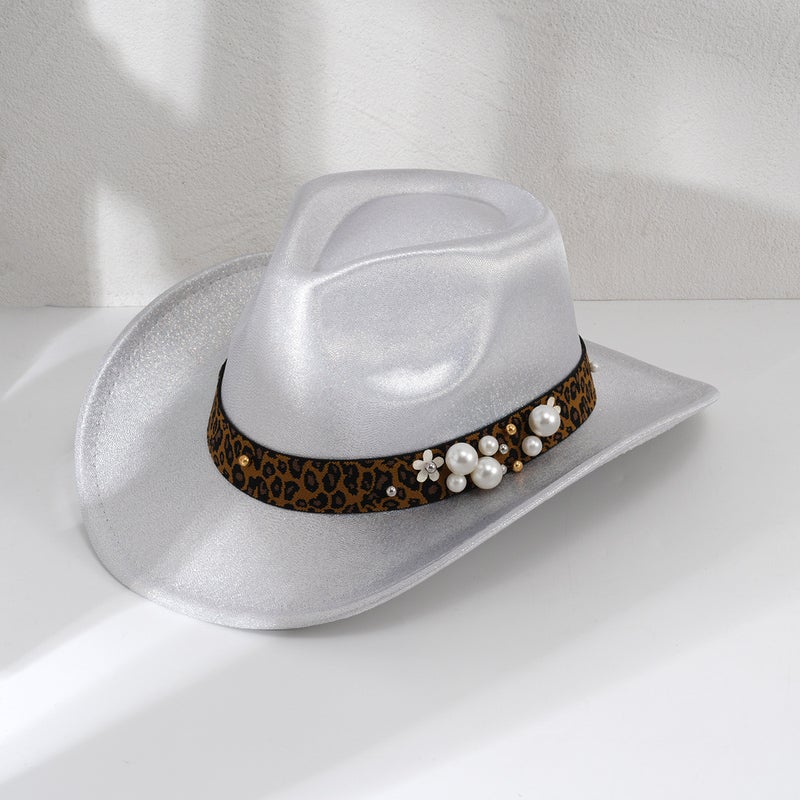 Explosions Women'S Big Brim Men'S Gradient Pearl Accessories Cowboy Hat Topper Hat Leopard Print Party Daily - Image 3