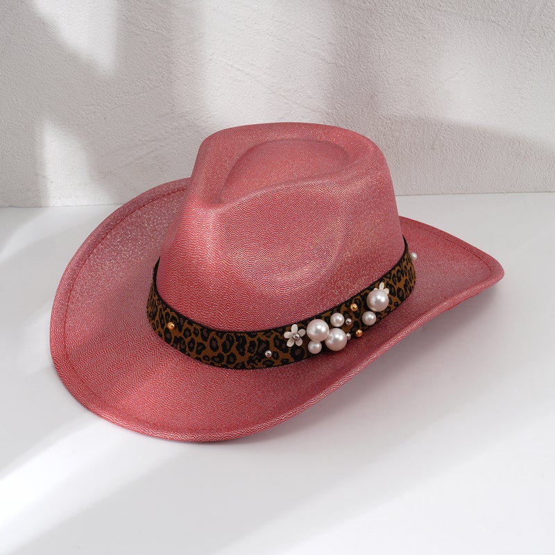 Explosions Women'S Big Brim Men'S Gradient Pearl Accessories Cowboy Hat Topper Hat Leopard Print Party Daily - Image 4