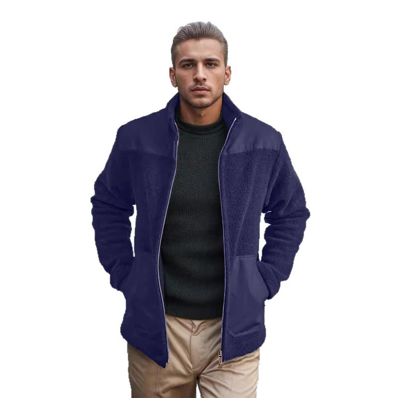 Men's Color Block Fleece Jacket Winter Warm Stand Collar Outerwear