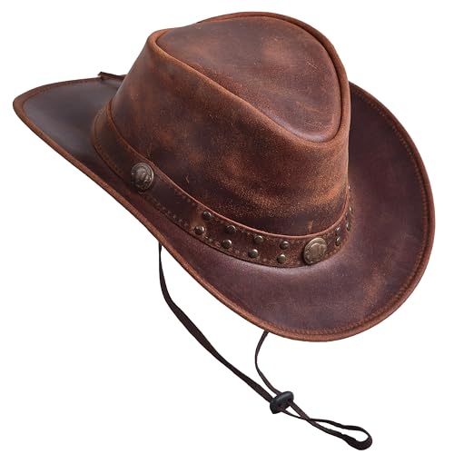 Sidewinder Australian Cowboy Leather hat Steampunk Halloween Unisex Adult for Men and Women Shapeable Outback Western Style Wide Brim Brown - Image 1