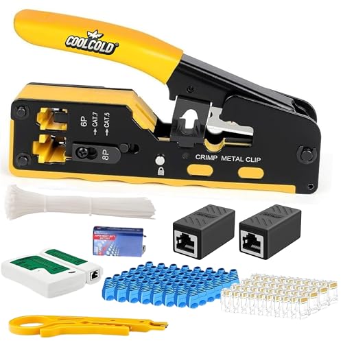 COOLCOLD RJ45 Crimping Tool Kit | All-in-One Pass Through Ethernet Crimper for Cat5/6/7 – Includes Network Cable Tester+Battery, 10 Cable Ties, 2 LAN Couplers, 10 Cat6 Connectors &10 Boots(Multicolor) - Image 1