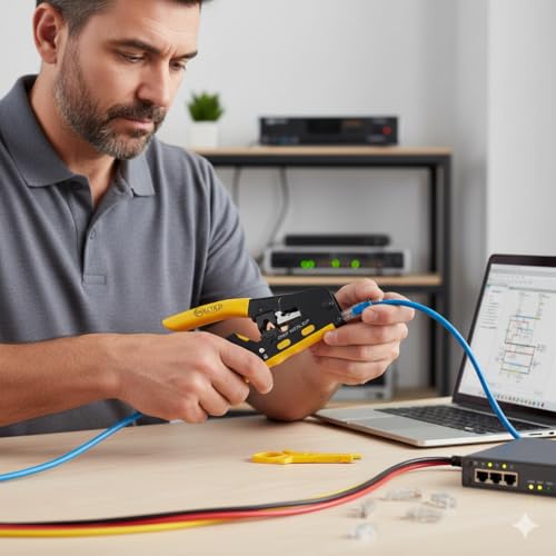 COOLCOLD RJ45 Crimping Tool Kit | All-in-One Pass Through Ethernet Crimper for Cat5/6/7 – Includes Network Cable Tester+Battery, 10 Cable Ties, 2 LAN Couplers, 10 Cat6 Connectors &10 Boots(Multicolor) - Image 3