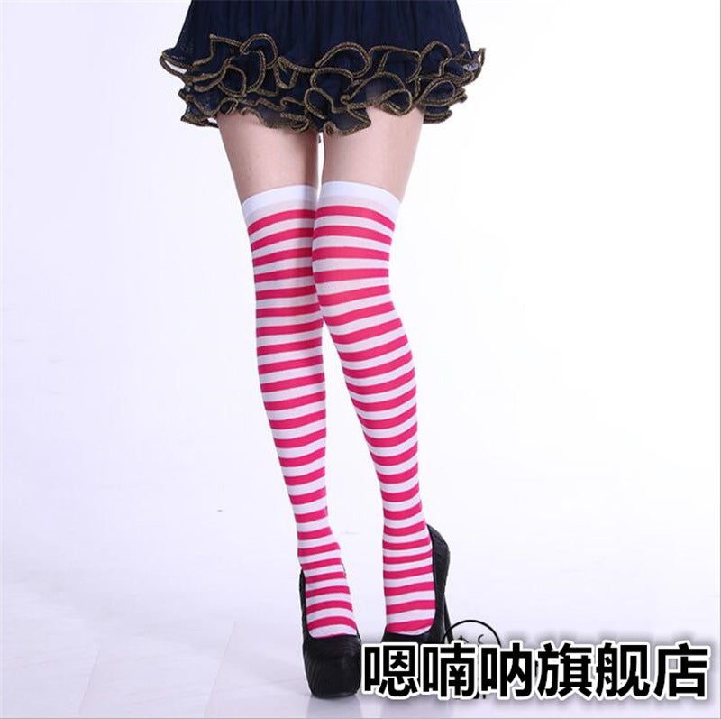 Halloween Day Cosplay Color Stitching Striped Thigh Socks Christmas Siaman Pantyhose Stockings Wholesale Rose white striped thigh socks 