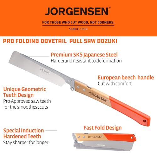 JORGENSEN Japanese Pull Saw, 9.5 Inch Pro Folding Dovetail Saw with Beech Wood Long handle, SK5 Steel Blade Tool-less Quick Change, 21TPI Cross Cut Woodworking Handsaw for Hardwood, Softwood - Image 2