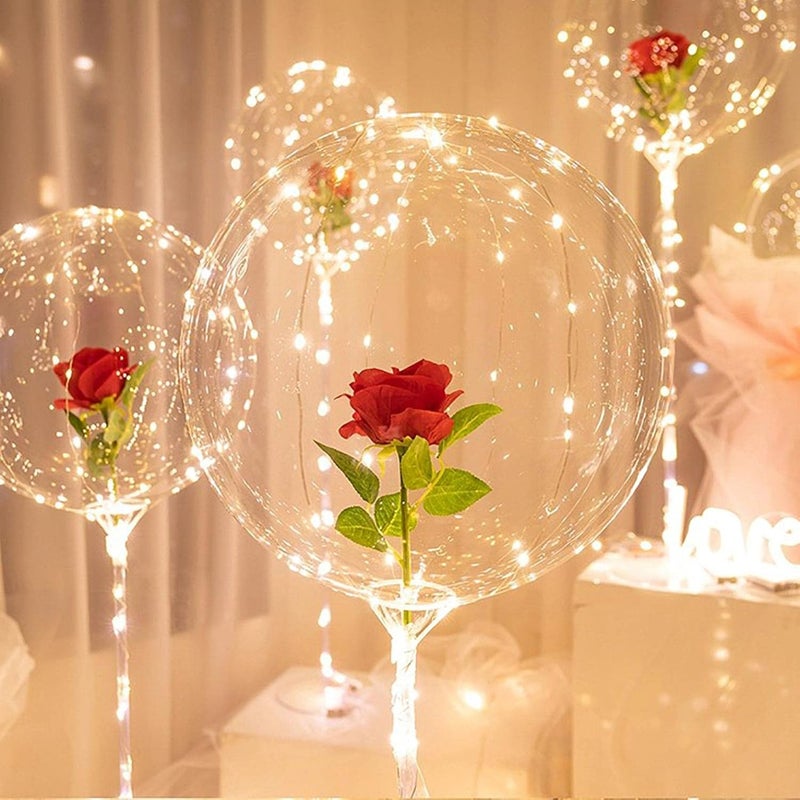klarako 2PCS Valentine's Day Luminous Balloon Rose Bouquet, Transparent LED Light Up Bobo Ball Bouquet Set, Glow Bubble Balloons with String Lights DIY Wedding Gifts for Girls Women (Red) - Image 4