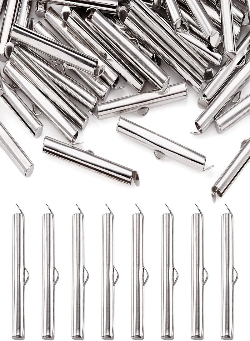 GGOOT Pandahall 50pcs Iron Slide On End Clasp Tubes Slider End Caps Crimp End Tube for Round 11/0 or 8/0 Seed Beads Platinum (30mm) - Image 1