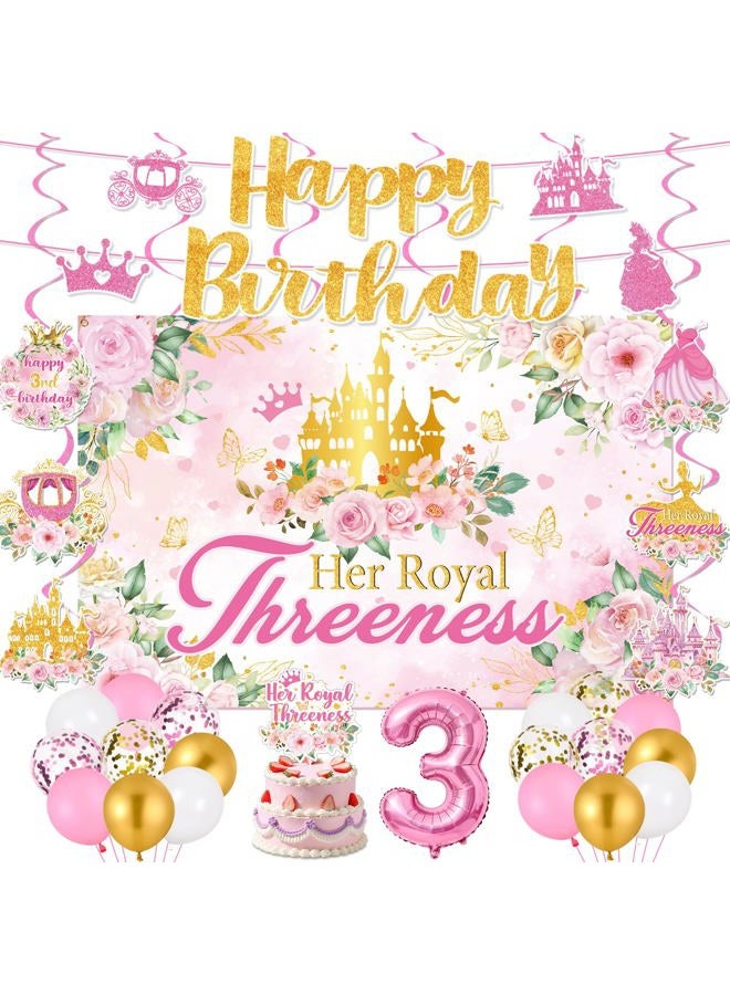 LUUFILx Her Royal Threeness Birthday Decorations Pink Sweet 3rd Birthday Party Supplies Include Her Royal Threeness Backdrop Banner Hanging Swirls Balloons Cake Topper for 3 Years Old Girl Bday Party Decor - Image 1
