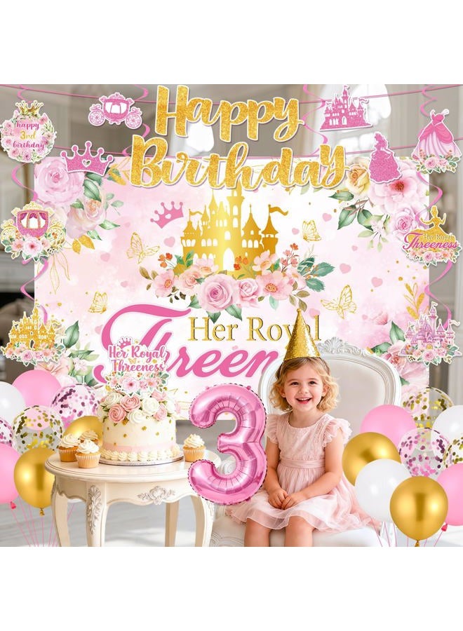 LUUFILx Her Royal Threeness Birthday Decorations Pink Sweet 3rd Birthday Party Supplies Include Her Royal Threeness Backdrop Banner Hanging Swirls Balloons Cake Topper for 3 Years Old Girl Bday Party Decor - Image 2