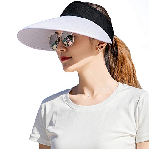 CAMOLAND Sun Visor Hats Women Large Brim Summer UV Protection Beach Cap Black and White - Image 1