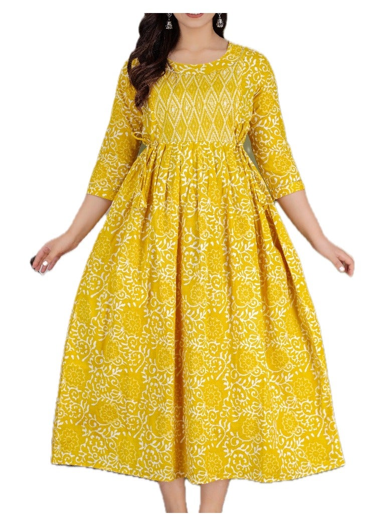 Zebees Cotton Floral Print Dress, Yellow, 3/4 Sleeve,Maternity/Feeding Dress  - Image 1