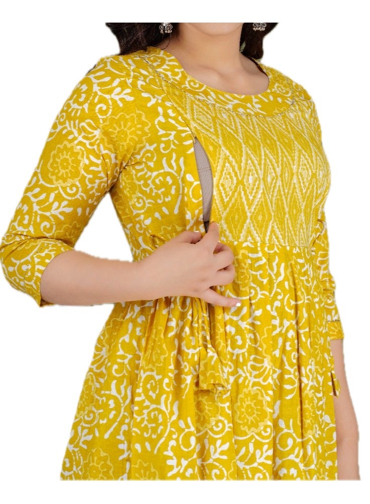 Zebees Cotton Floral Print Dress, Yellow, 3/4 Sleeve,Maternity/Feeding Dress  - Image 2