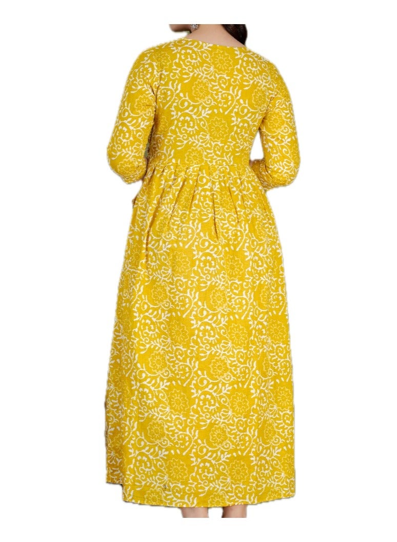 Zebees Cotton Floral Print Dress, Yellow, 3/4 Sleeve,Maternity/Feeding Dress  - Image 3