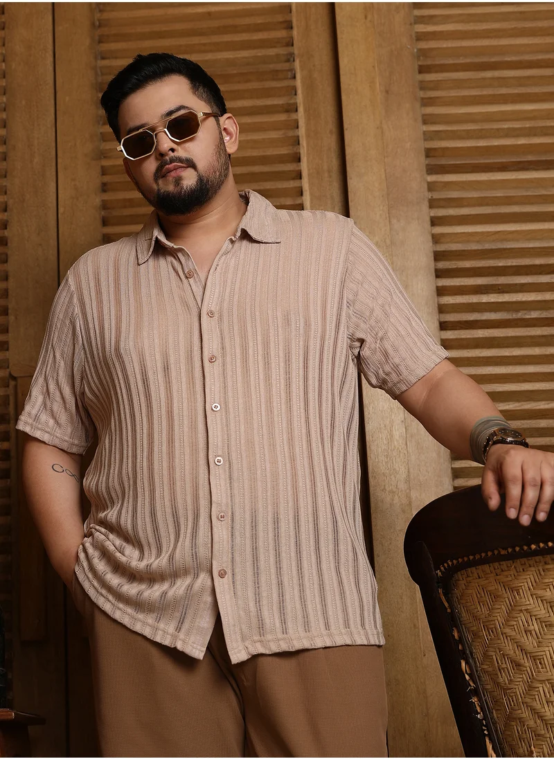 انستافاب بلس Instafab Plus Men's Sand Beige Ridge Knit Shirt For Casual Wear | Spread Collar | Short Regular Sleeves | Button Closure | Plus Size Shirt Crafted With Comfort Fit For Everyday Wear