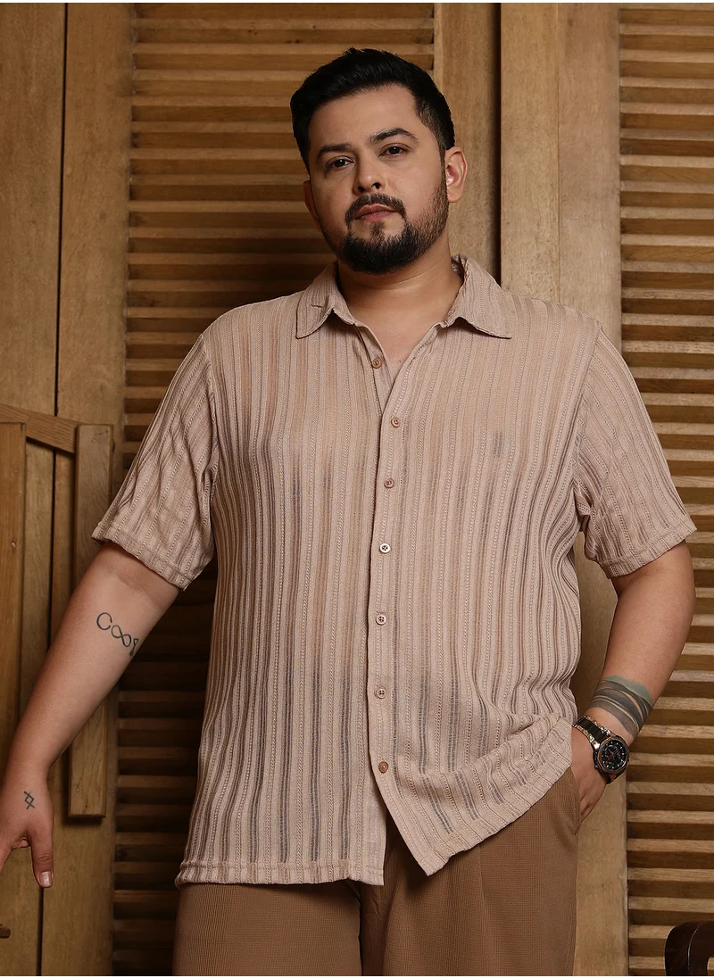 انستافاب بلس Instafab Plus Men's Sand Beige Ridge Knit Shirt For Casual Wear | Spread Collar | Short Regular Sleeves | Button Closure | Plus Size Shirt Crafted With Comfort Fit For Everyday Wear