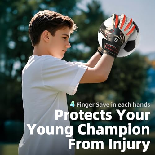 Sportout قفازات حارس مرمى للشباب والبالغين من سبورت آوت، قبضة قوية لأصعب التصديات، مع دعامات أصابع لتوفير حماية رائعة لمنع الإصابات، 3 ألوان (أسود، 5) - Image 4