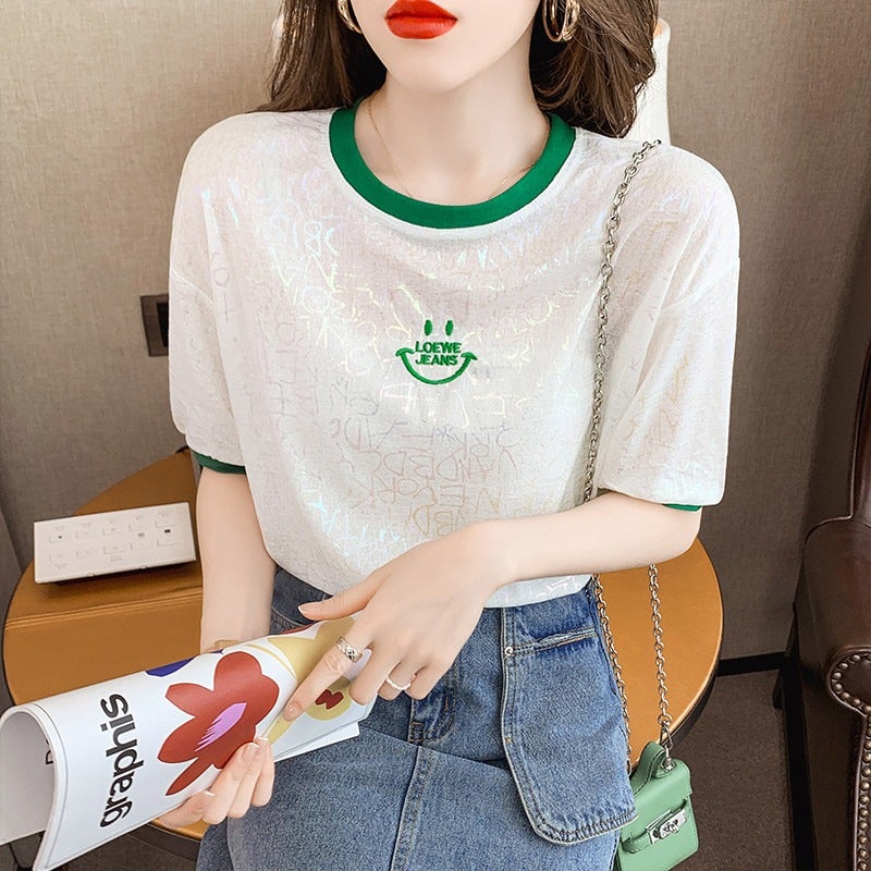 Smiley Embroidered Ice Silk Short-Sleeved T-Shirt Women'S 2023 New Summer All-Match Loose Stylishy Age-Reducing Half-Sleeved Top - Image 2