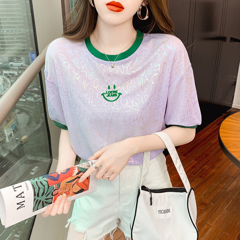 Smiley Embroidered Ice Silk Short-Sleeved T-Shirt Women'S 2023 New Summer All-Match Loose Stylishy Age-Reducing Half-Sleeved Top - Image 4