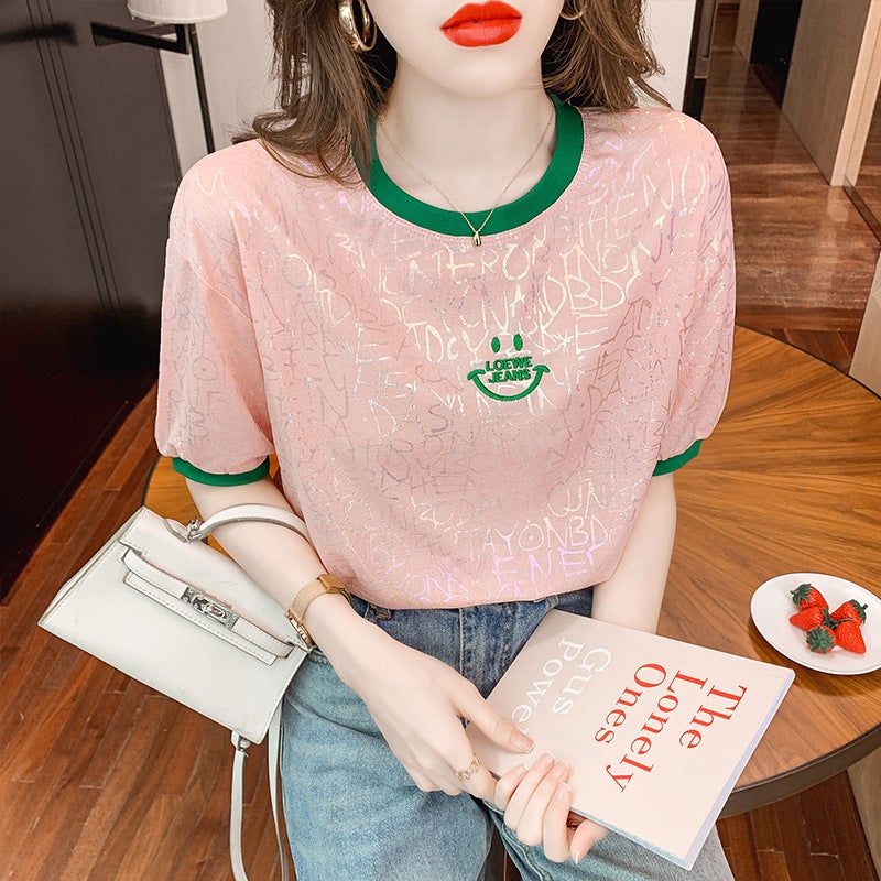 Smiley Embroidered Ice Silk Short-Sleeved T-Shirt Women'S 2023 New Summer All-Match Loose Stylishy Age-Reducing Half-Sleeved Top - Image 3