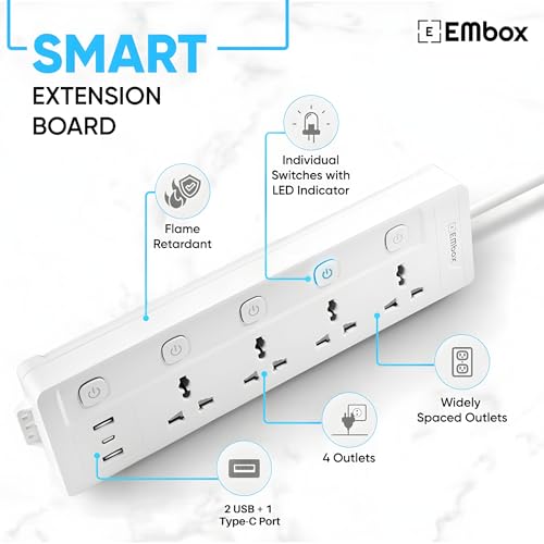 EMBOX Extension Board with USB Type C | Individual Switch Spike Guard, 6 amp Universal Sockets, LED Indicator 2500W, 2 Meter Extension Cord - Image 3