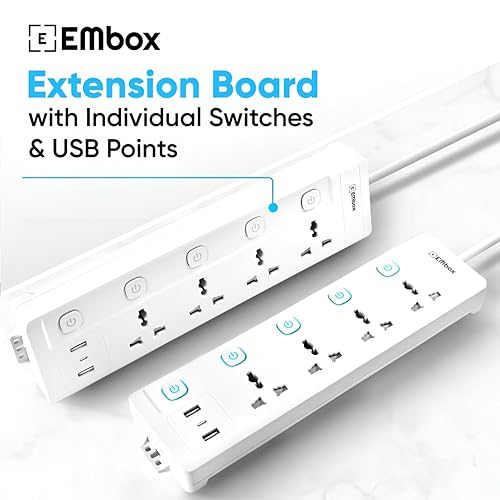 EMBOX Extension Board with USB Type C | Individual Switch Spike Guard, 6 amp Universal Sockets, LED Indicator 2500W, 2 Meter Extension Cord - Image 2