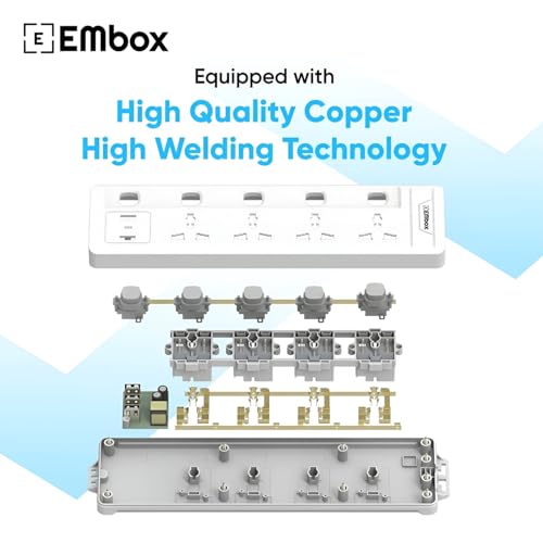 EMBOX Extension Board with USB Type C | Individual Switch Spike Guard, 6 amp Universal Sockets, LED Indicator 2500W, 2 Meter Extension Cord - Image 5