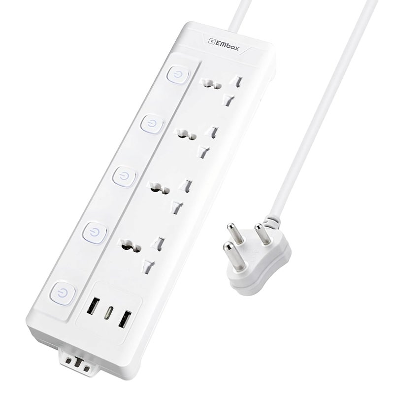 EMBOX Extension Board with USB Type C | Individual Switch Spike Guard, 6 amp Universal Sockets, LED Indicator 2500W, 2 Meter Extension Cord - Image 1