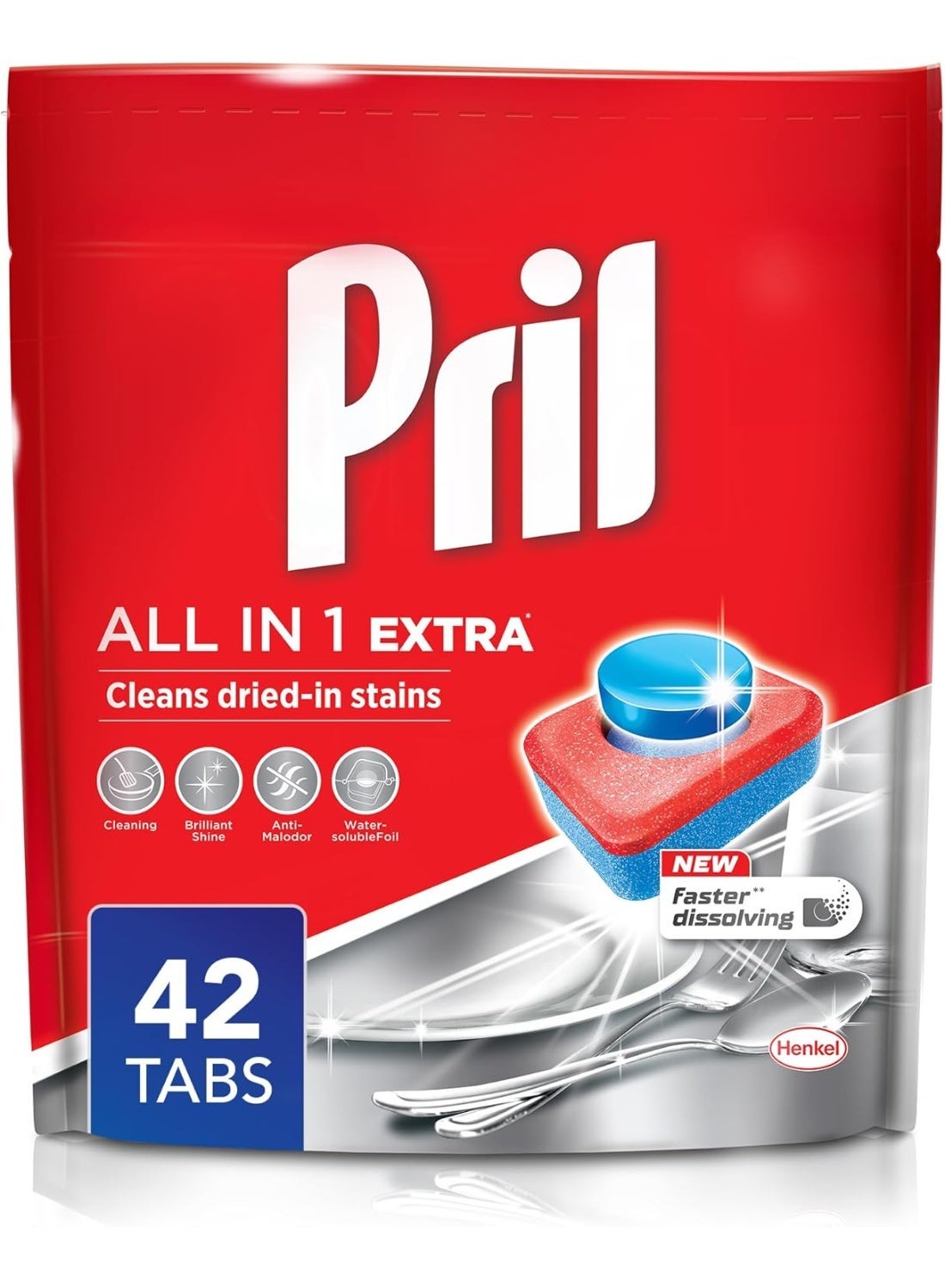 Pril All In 1 Automatic Dishwashing 42 Tabs Faster Dissolving Tab With Deep Clean And Action Against Dried-In Stains
