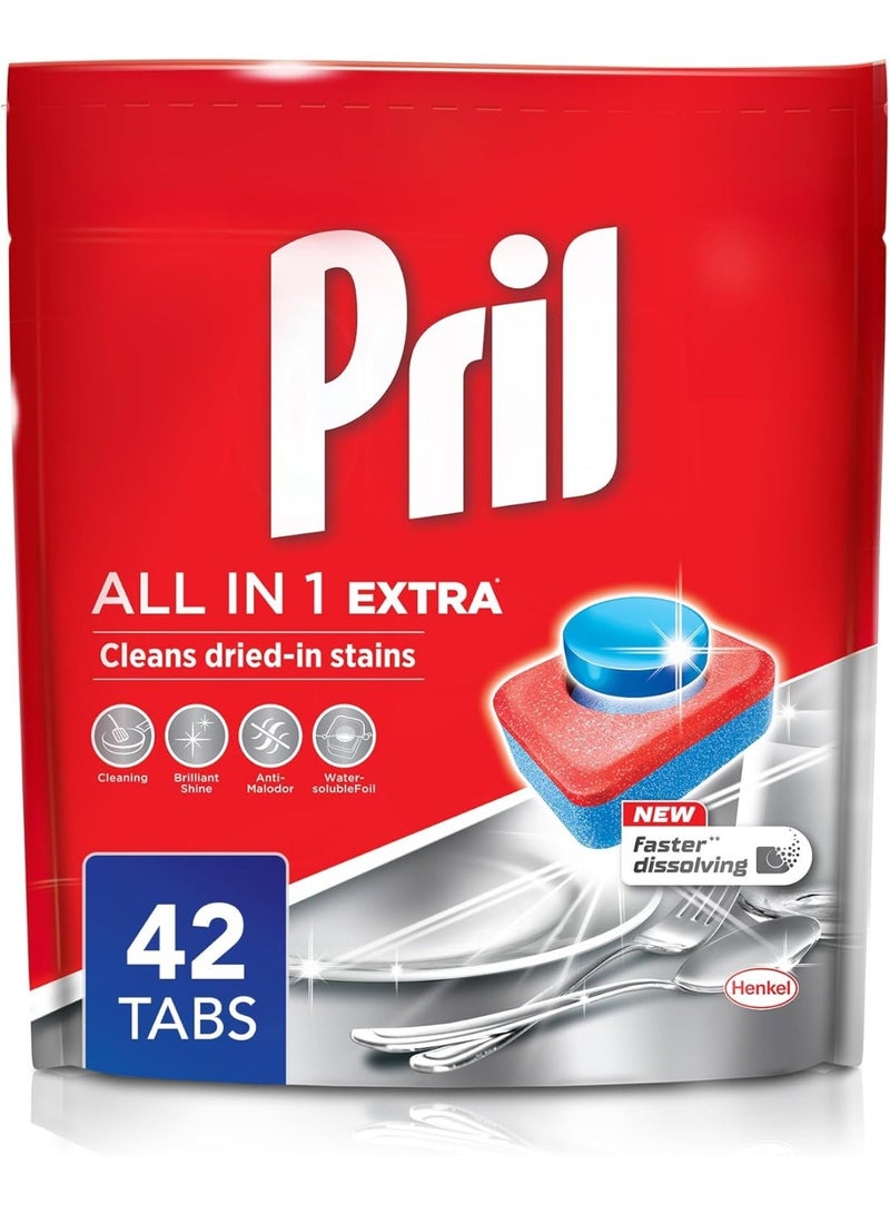 Pril All In 1 Automatic Dishwashing 42 Tabs Faster Dissolving Tab With Deep Clean And Action Against Dried-In Stains